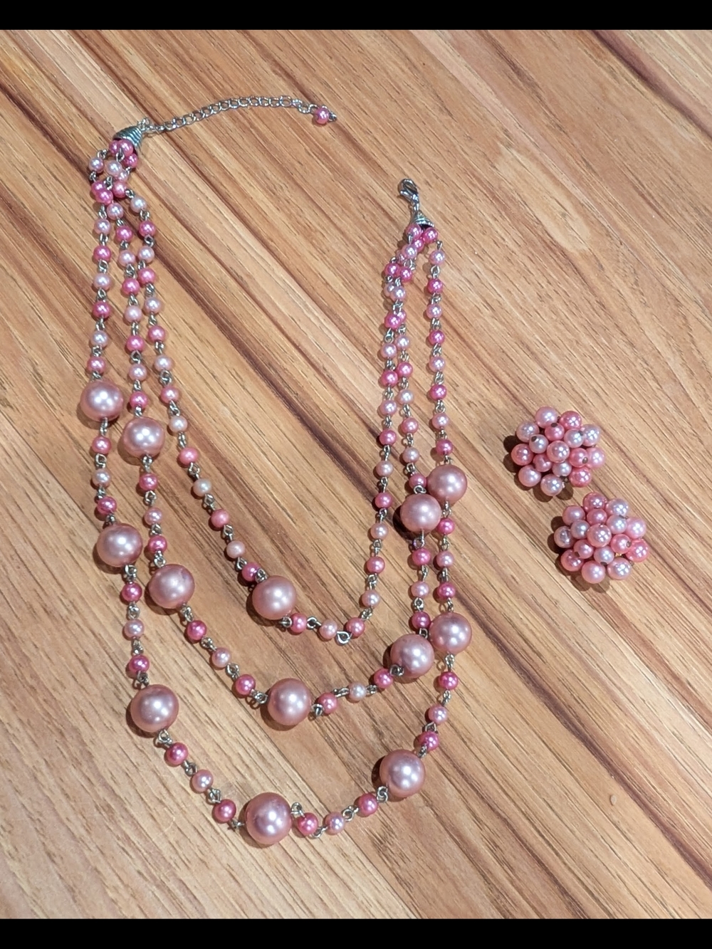 Source Unknown Pink Pearl Multi-Strand Necklace with Cluster Clip-On Earrings